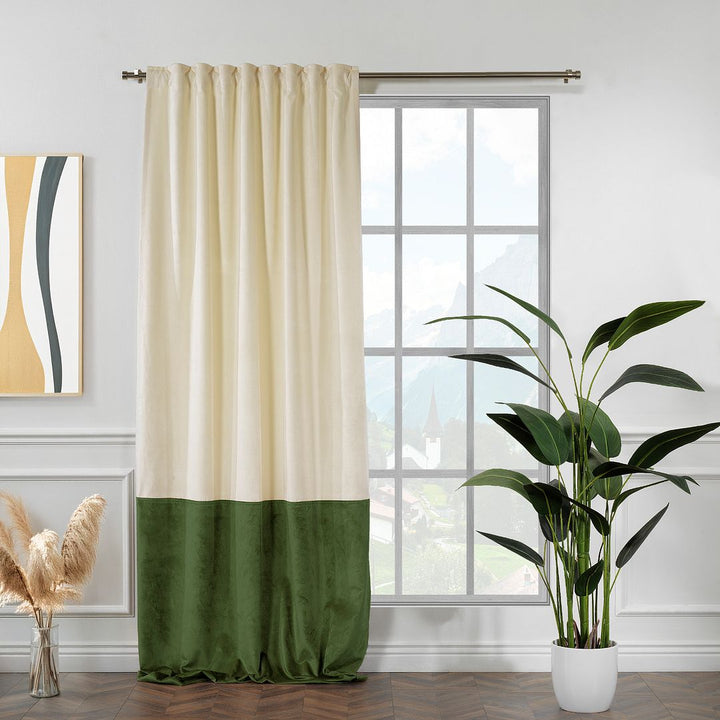  made to measure matte velvet block curtain in cream and olivine, featuring smooth pleats, soft drape and a clean premium finish