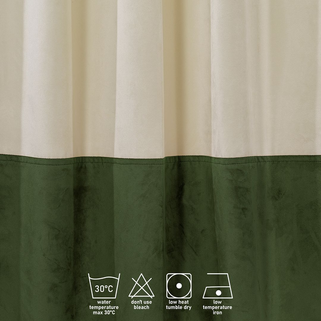  A close‑up of a cream and olivine matte velvet block curtain, showing the subtle texture and elegant two‑tone contrast