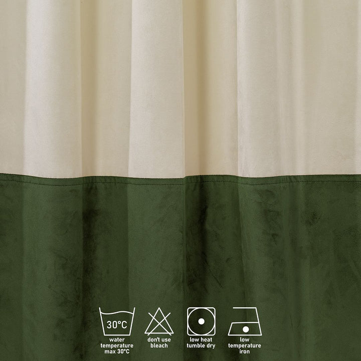  A close‑up of a cream and olivine matte velvet block curtain, showing the subtle texture and elegant two‑tone contrast