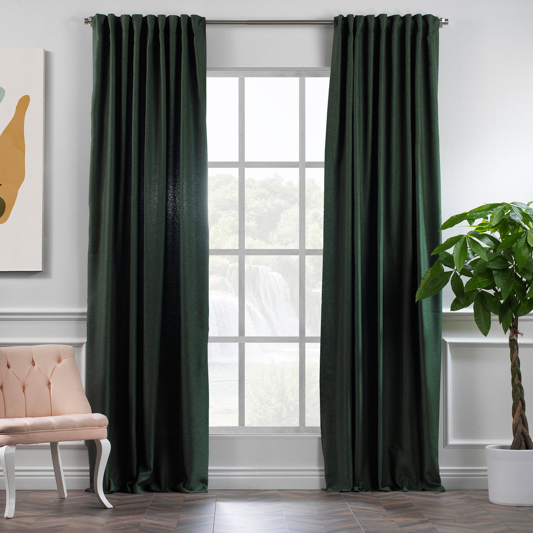 A made to measure linen‑look curtain in duck green, shown in daylight with textured weave and a rich natural drape