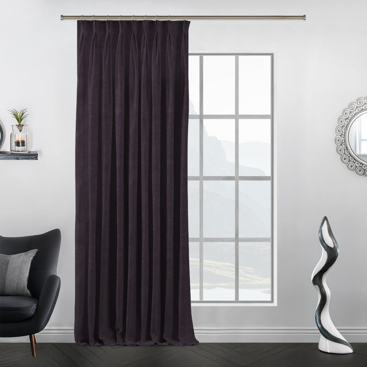 Pinch pleat matte velvet curtain panel offering structured pleats and a soft, controlled drape.
