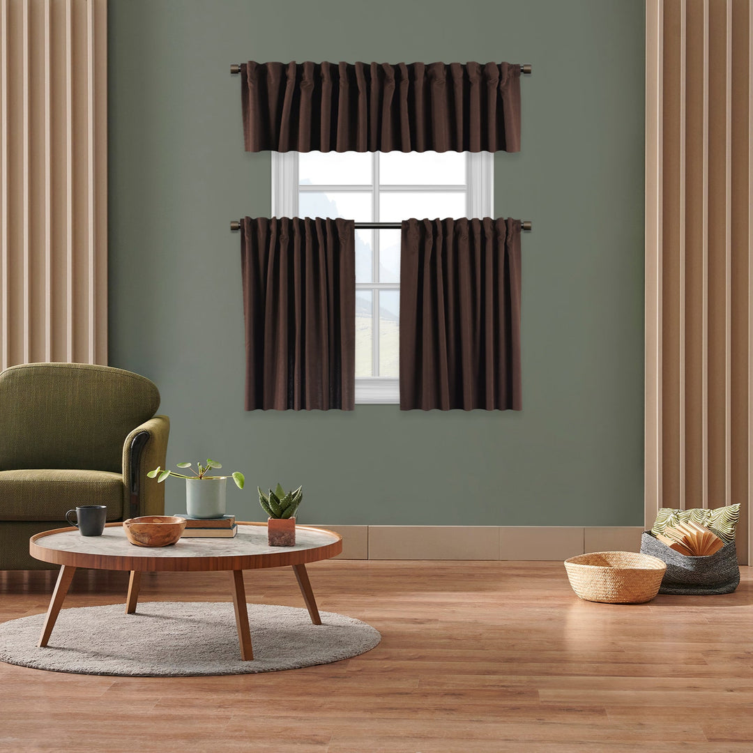  A made to measure kitchen valance in deep chocolate‑brown velour, shown with a plush lightweight texture and neatly finished seams for a warm elegant finish