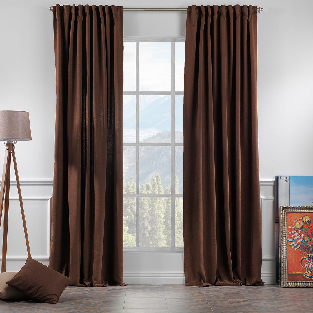  Dark brown velour curtains shown in daylight, highlighting smooth pile texture and rich warm tone.