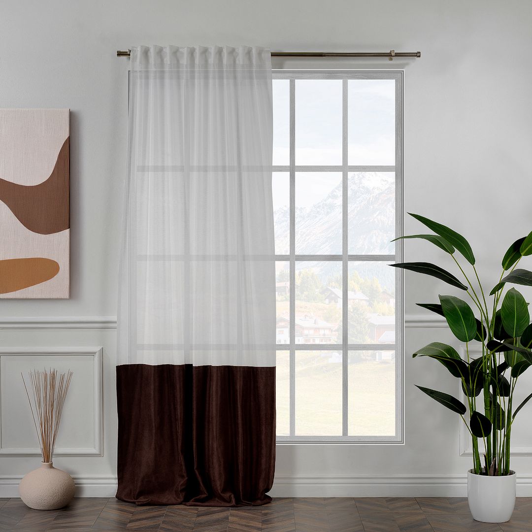A made to measure dark brown velvet and sheer block curtain, showing rich texture, soft drape and a refined layered finish