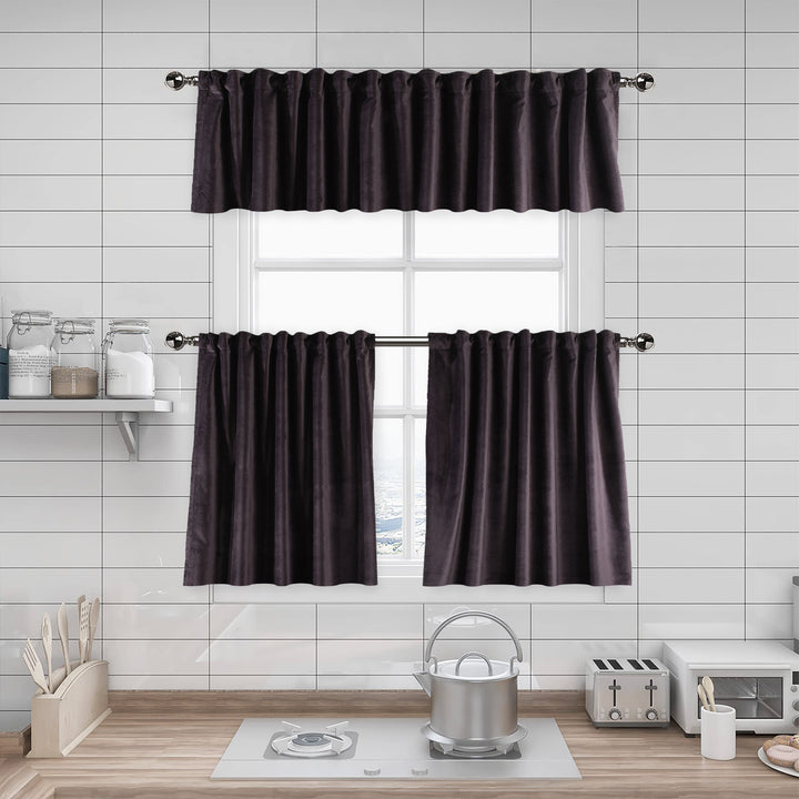 A made to measure kitchen valance in deep plum‑brown matte velvet, shown with a smooth plush texture and clean structured edges for a bold elegant finish