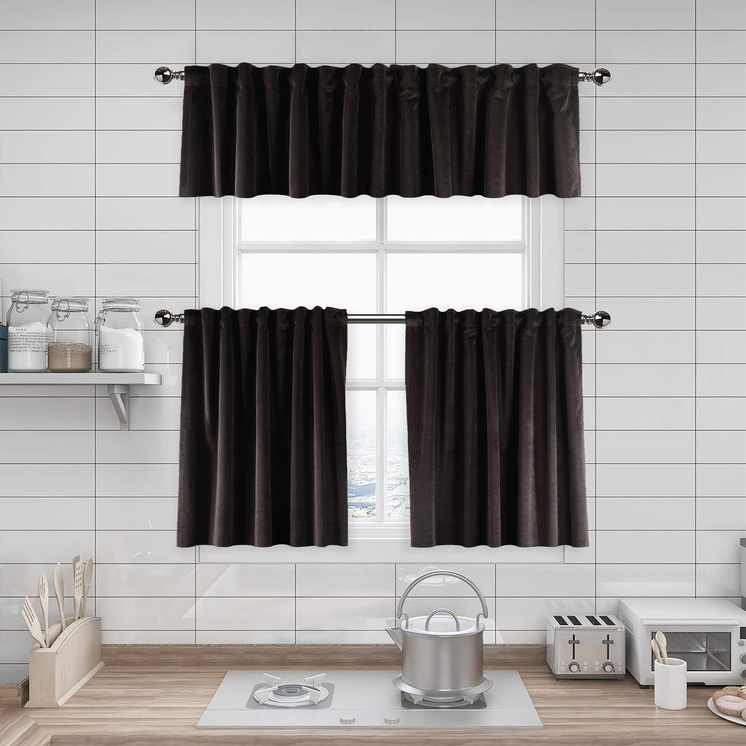 A made to measure kitchen valance in deep chocolate‑brown matte velvet, shown with a plush smooth texture and crisp edges for a rich warm finish