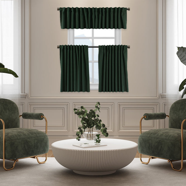 A made to measure kitchen valance in deep forest‑green velour, featuring a plush lightweight surface and neatly structured edges for a rich natural finish