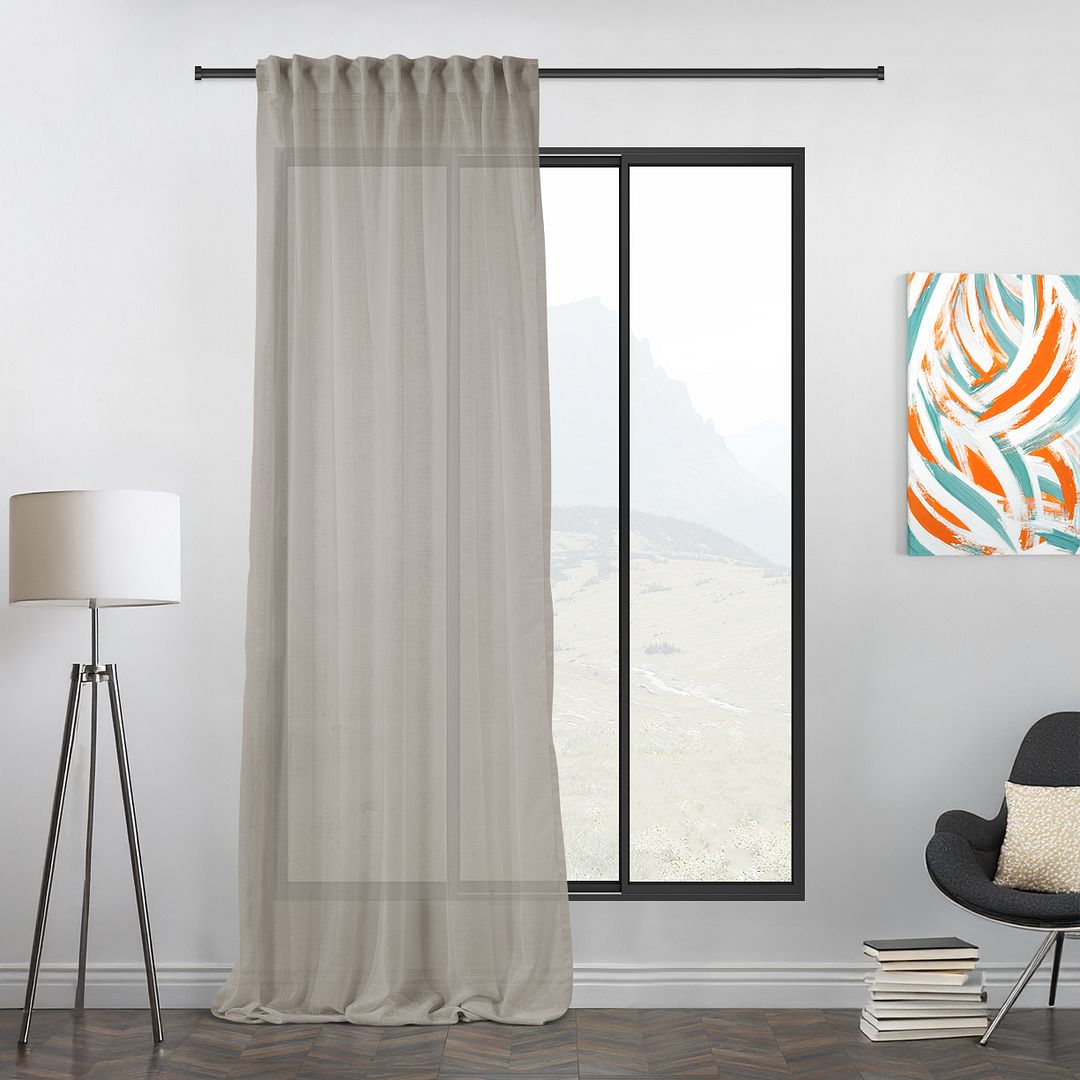 High-resolution detail of the durable yet delicate brown linen semi sheer fibres, designed for long-lasting us