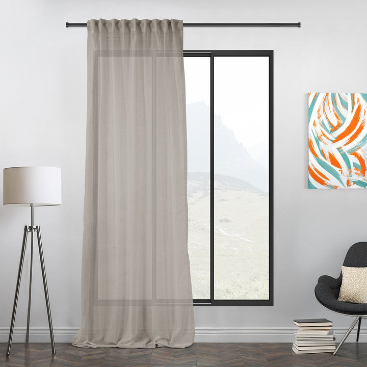 High-resolution detail of the durable yet delicate brown linen semi sheer fibres, designed for long-lasting us