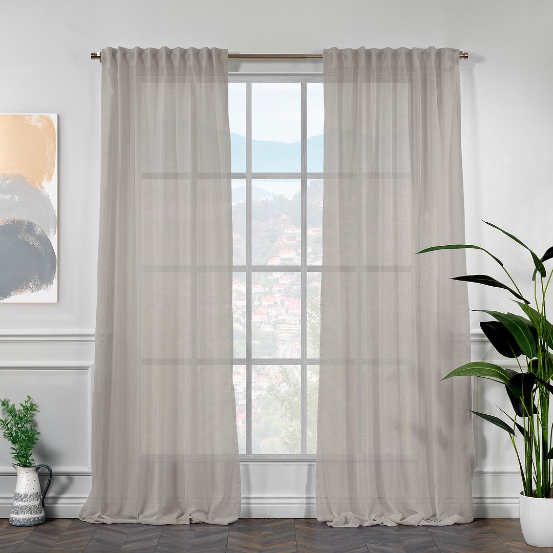 Made to measure faux brown linen semi sheer in modern UK living room 