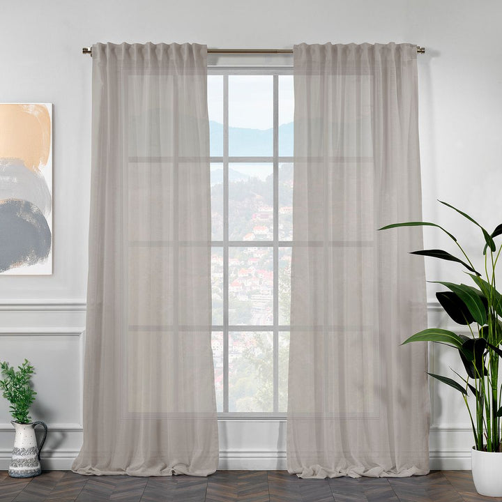 Made to measure faux brown linen semi sheer in modern UK living room 