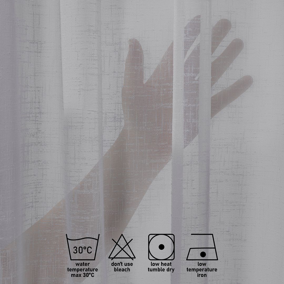 Textured light gray curtain with hand holding a sheer panel, showing care label symbols.