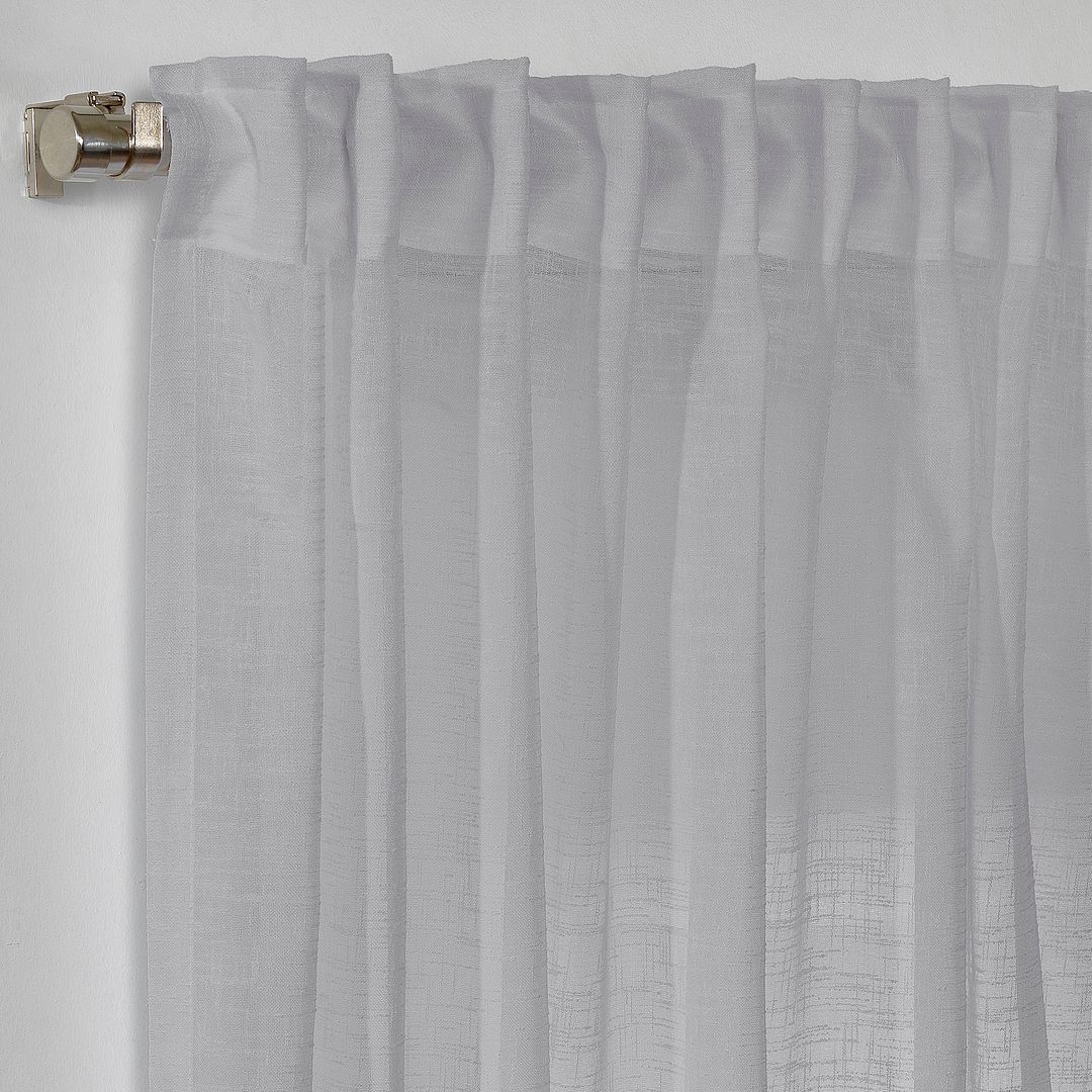 Close-up of light grey faux linen semi sheer fabric showing the delicate, pebbled grain texture and high-quality weave.