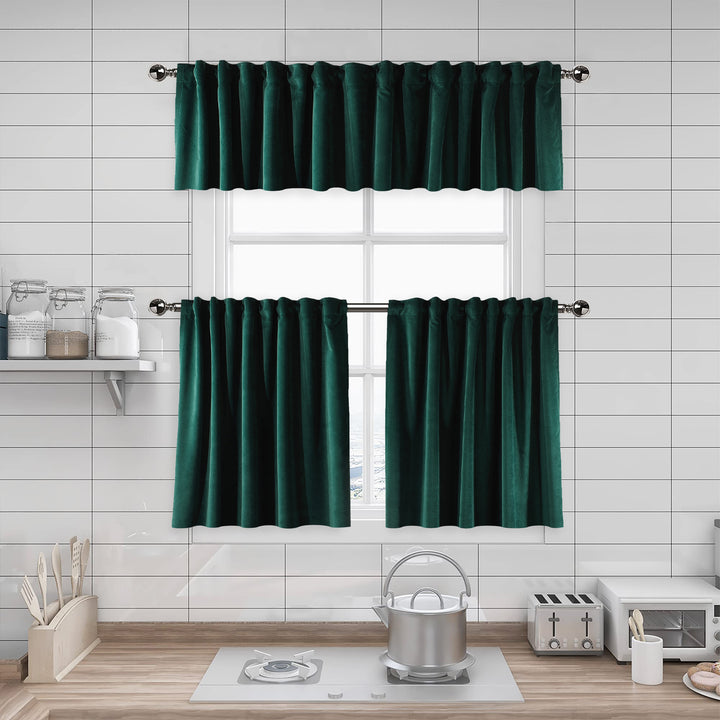A made to measure kitchen valance in deep jungle‑green matte velvet, shown with a smooth plush texture and neatly tailored edges for a rich natural appearance