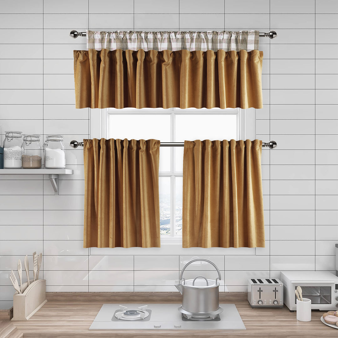  A made to measure kitchen valance in mustard‑gold matte velvet, shown with a smooth plush texture and clean structured edges for a rich warm finish
