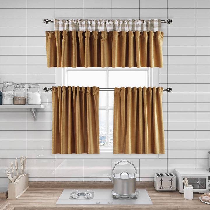  A made to measure kitchen valance in mustard‑gold matte velvet, shown with a smooth plush texture and clean structured edges for a rich warm finish