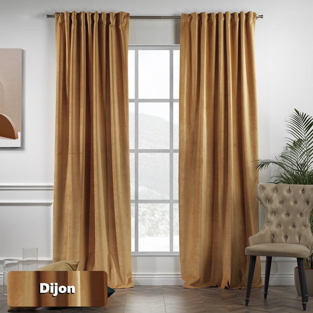 Golden mustard velvet eyelet curtain panel with smooth, weighty fall.