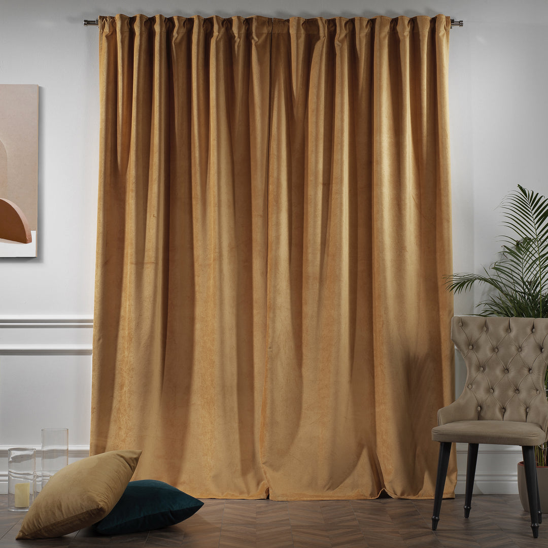 Warm ochre velvet curtain panel, full‑length drape and wide coverage.