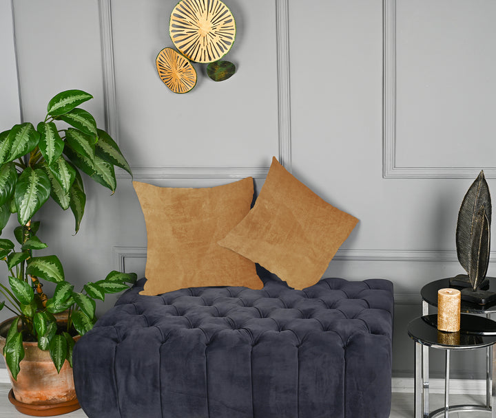 A made to measure cushion cover in mustard‑gold matte velvet, shown with a smooth plush texture and refined seams for a rich warm finish