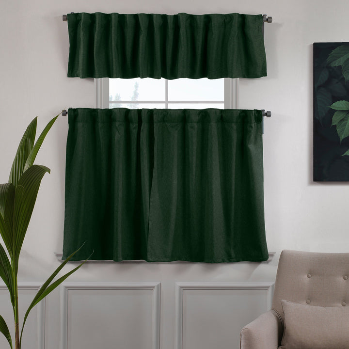 Duck green linen‑look valance photographed closed, showing textured weave and soft daylight translucency.