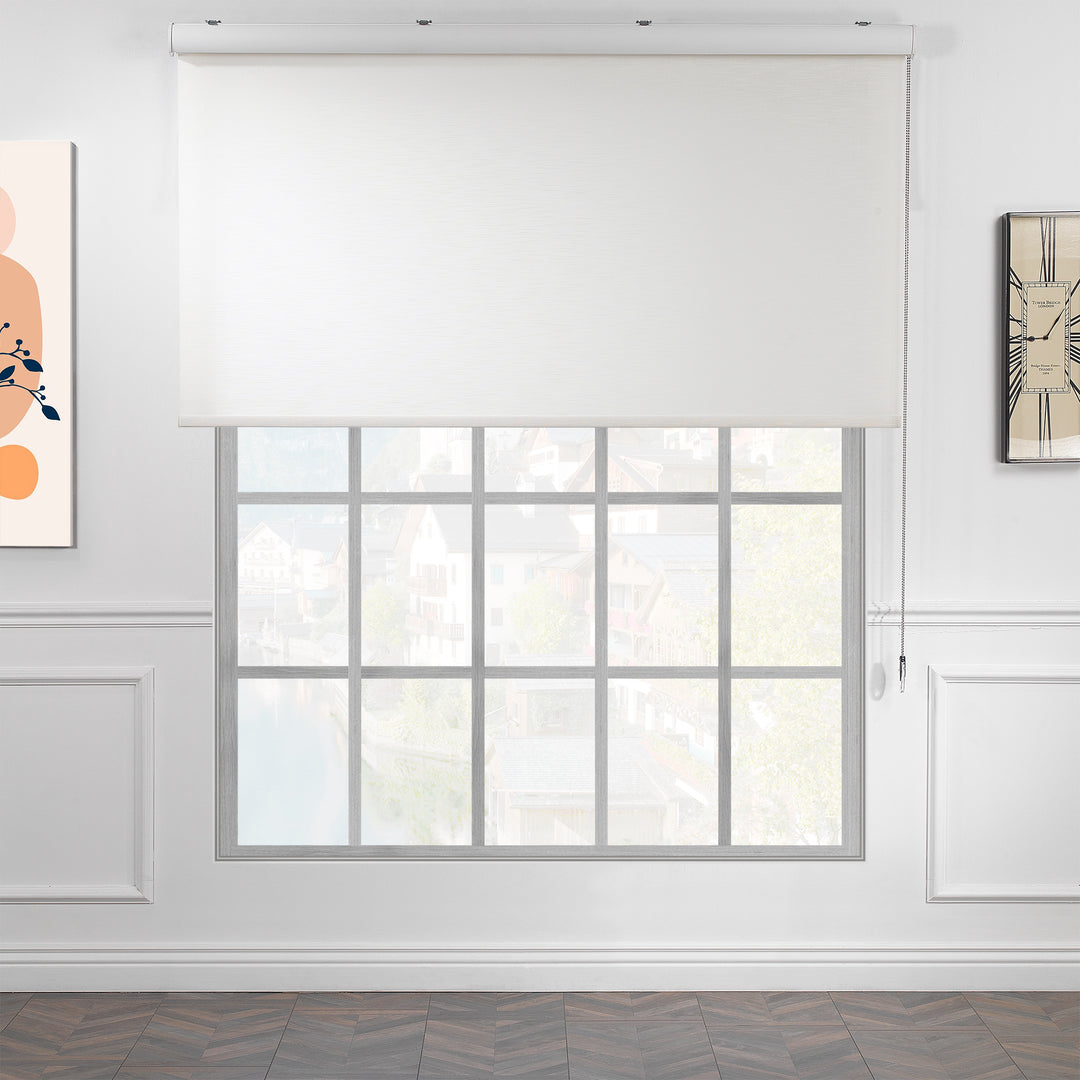 Ecru linen‑look roller blind featuring subtle fibre texture and soft light transmission