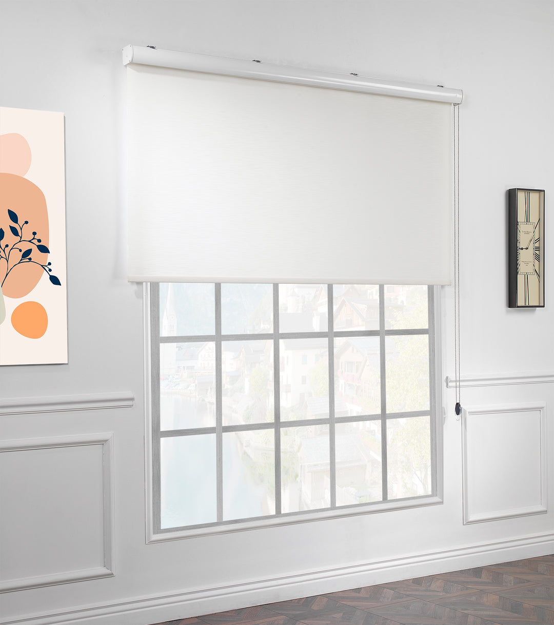 Ecru daylight roller blind with a minimal linen‑effect pattern and an even filtered glow