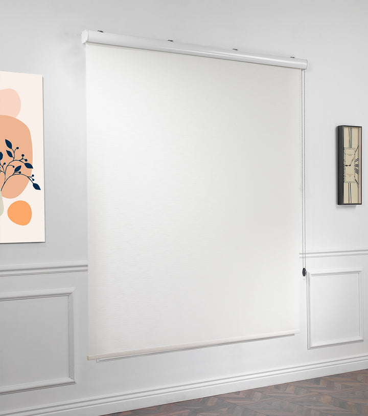 Ecru daylight roller blind with fine linen‑style weave and a calm, modern surface.