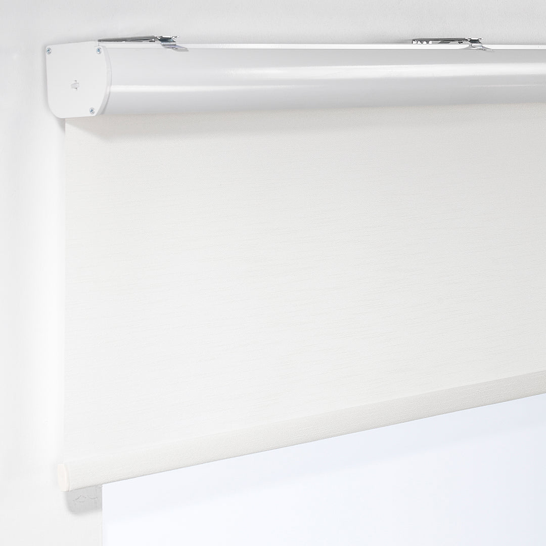 Ecru linen‑look daylight roller blind with soft woven texture and gentle light diffusion