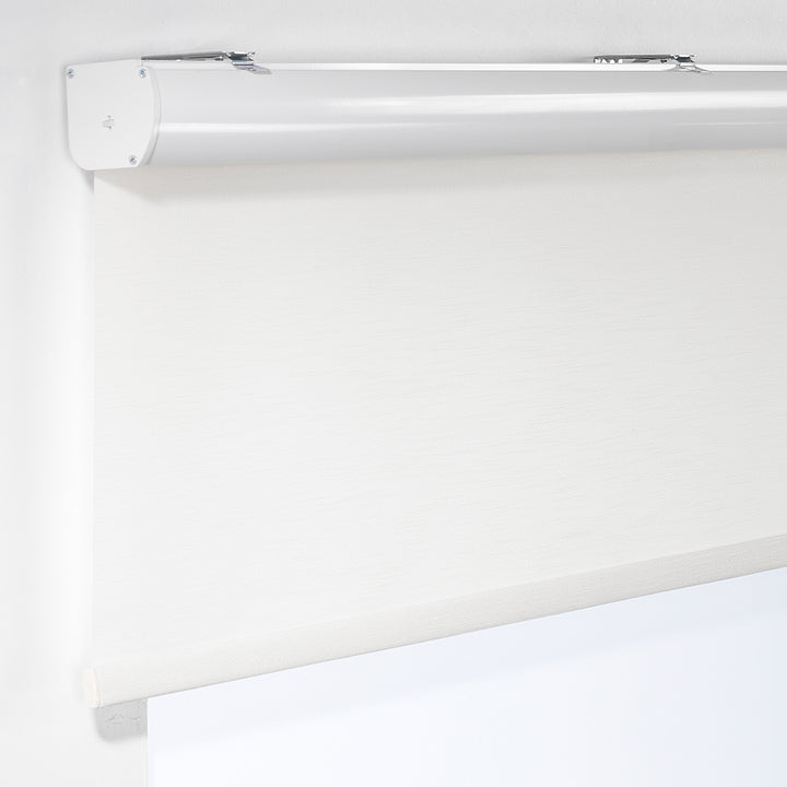 Ecru linen‑look daylight roller blind with soft woven texture and gentle light diffusion