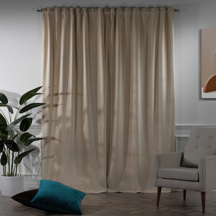 Ecru matte velvet curtain featuring a soft, smooth drape and rich muted texture, offering gentle light reduction and a warm elegant look, highlighting its natural ecru tone and premium modern velvet finish.
