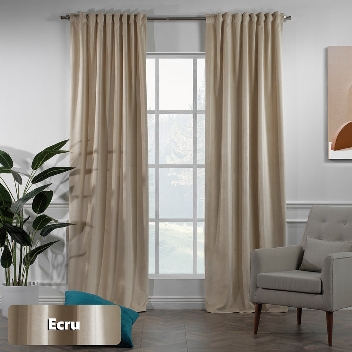 Ecru matte velvet curtain featuring a soft, smooth drape and rich muted texture, offering gentle light reduction and a warm elegant look, highlighting its natural ecru tone and premium modern velvet finish.