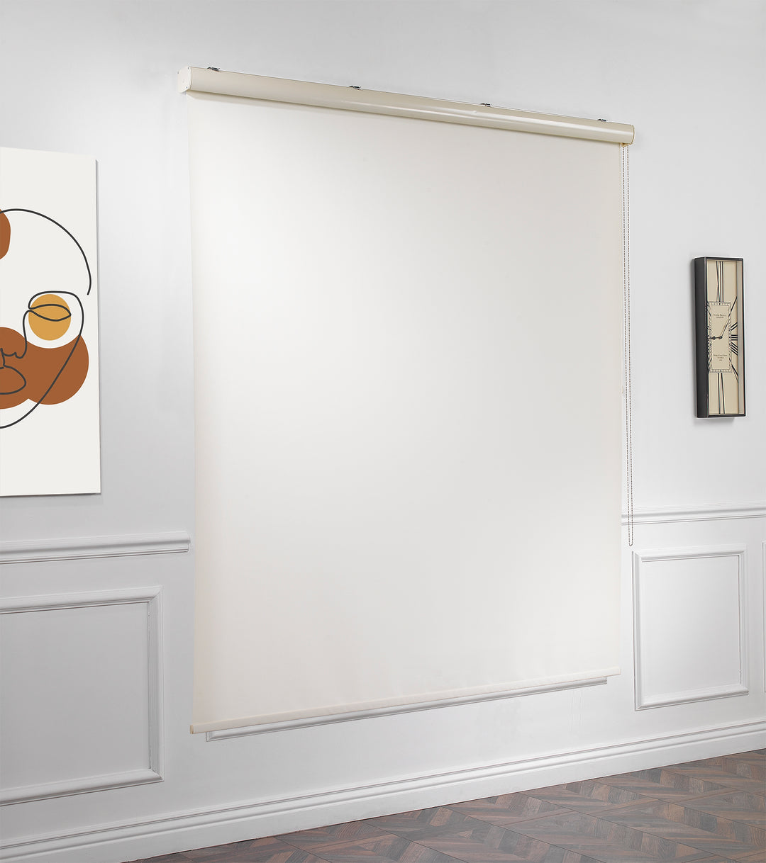 An ecru room darkening roller blind made to measure, photographed with a smooth woven finish and clean minimal styling for balanced light control