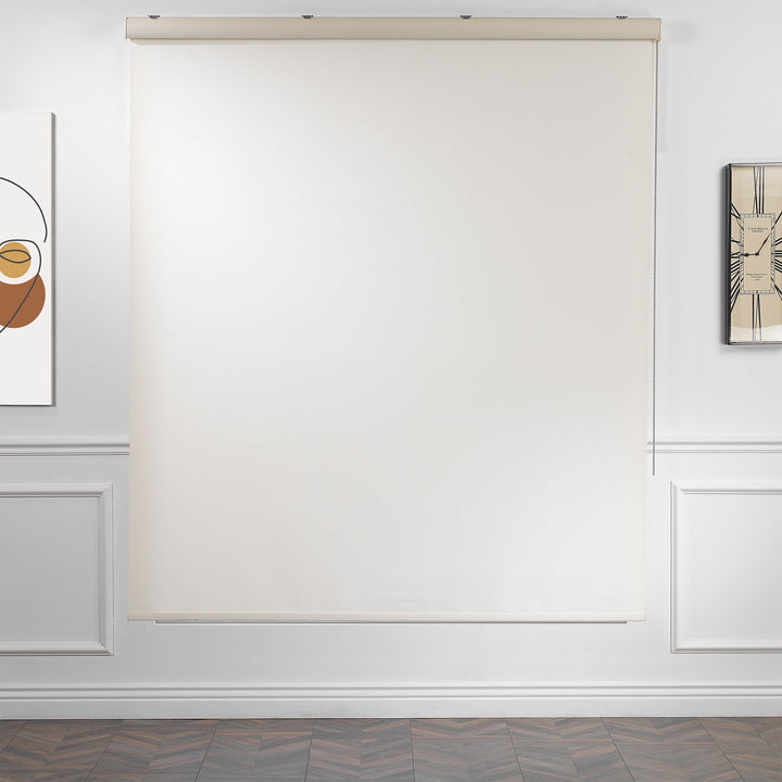 A made to measure ecru room darkening roller blind displayed with a soft woven texture and tidy straight lines offering gentle dimming