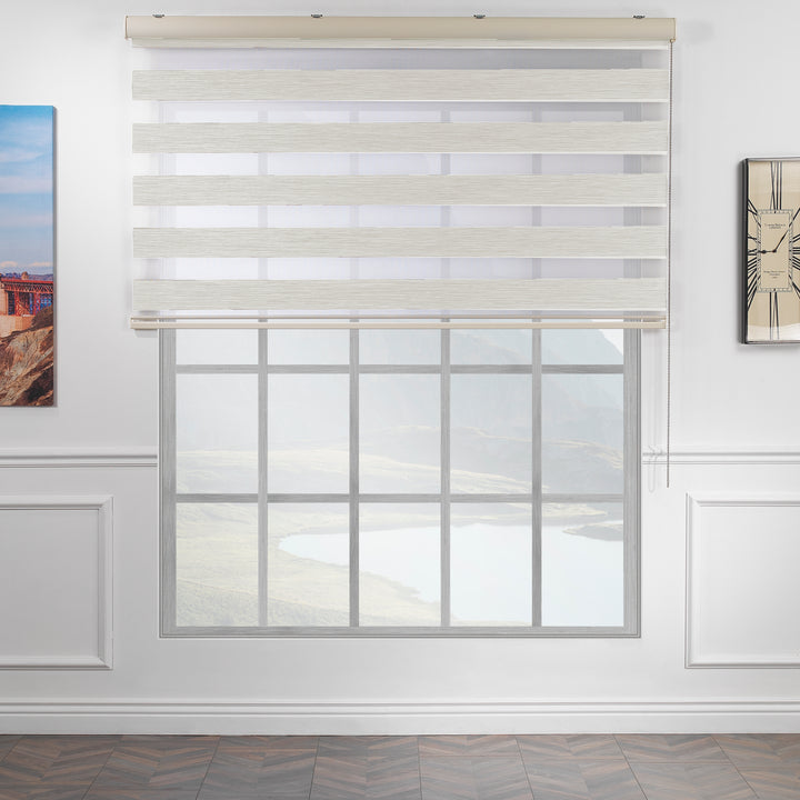 Made to measure zebra roller blind in ecru, featuring alternating sheer and opaque horizontal stripes for adjustable light control and privacy, showcasing the soft neutral tone, smooth texture and contemporary day‑and‑night blind design.