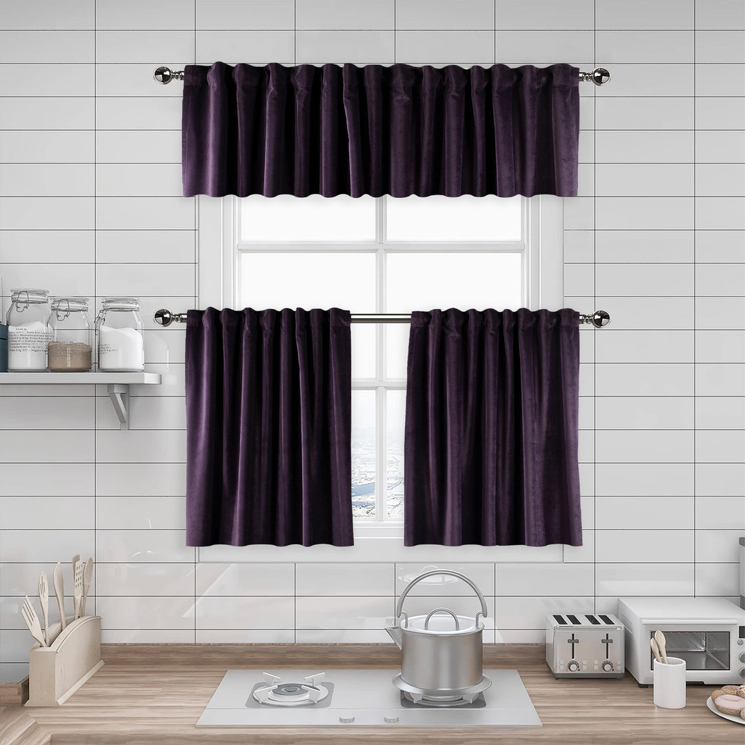 A made to measure kitchen valance in deep eggplant‑purple matte velvet, featuring a velvety surface and crisp seams for a rich elegant look
