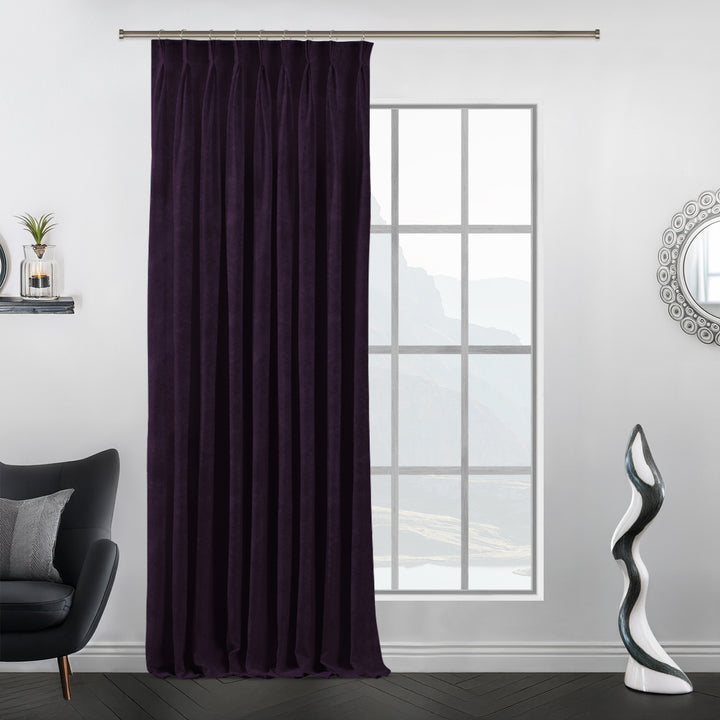 Matte velvet pinch pleat curtain with tailored handcrafted pleats and an extra‑long made‑to‑measure drop.