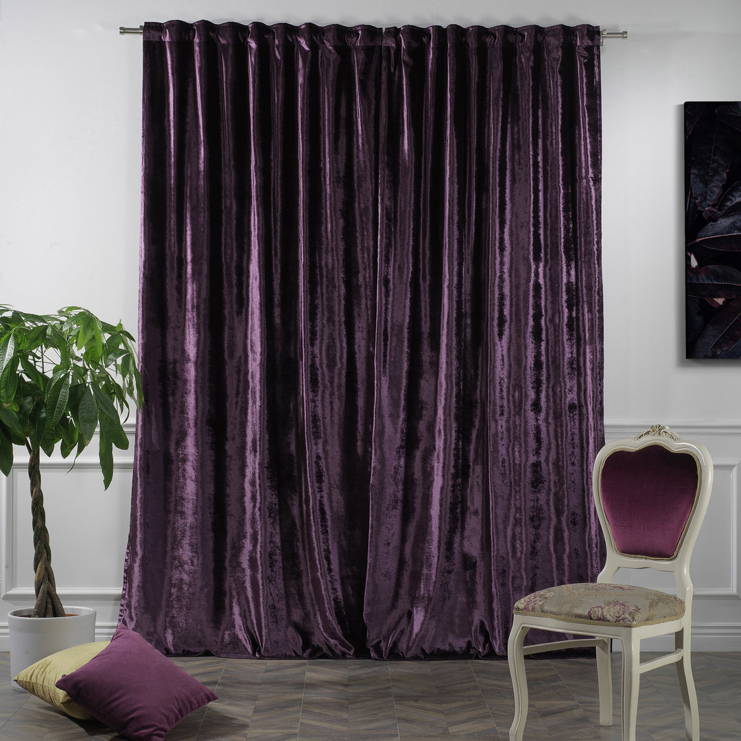 Custom‑fit shiny velvet curtain featuring a polished texture and extended wide coverage