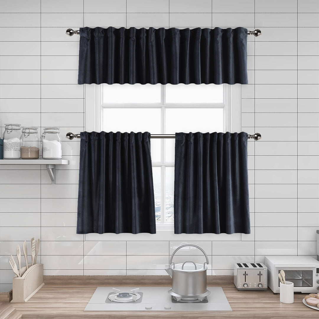 A made to measure kitchen valance in deep charcoal‑grey matte velvet, shown with a smooth plush texture and clean structured edges for a modern elegant finish