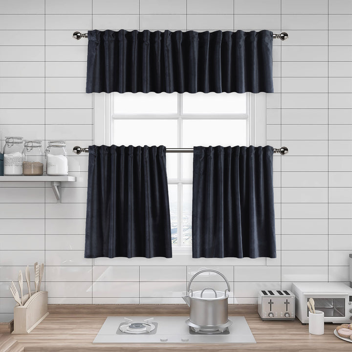 A made to measure kitchen valance in deep charcoal‑grey matte velvet, shown with a smooth plush texture and clean structured edges for a modern elegant finish
