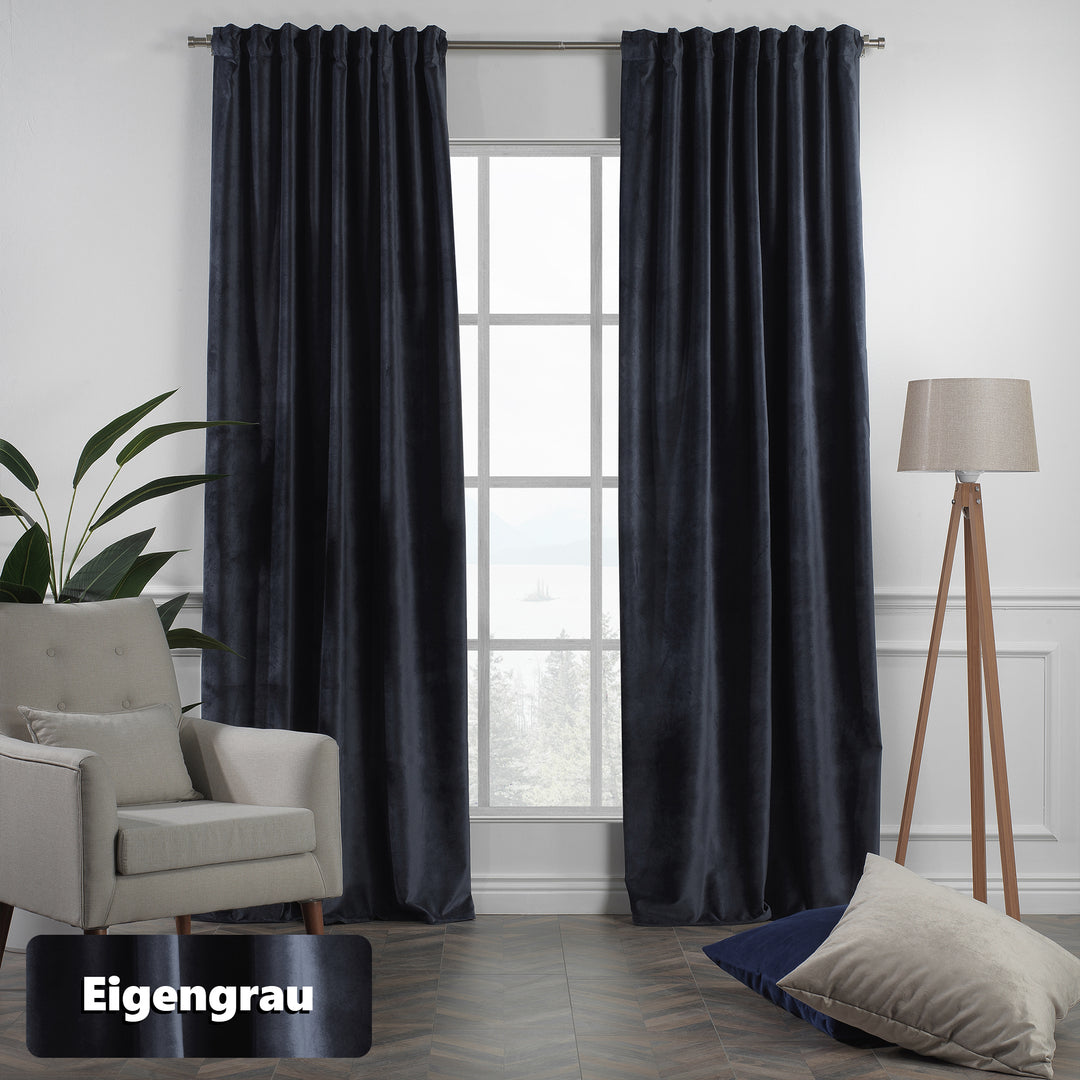 Matte velvet curtain with eyelet header, easy‑glide rings and a refined, minimal look.