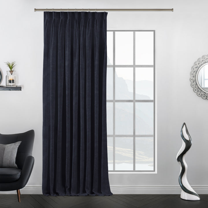 Tailored pinch pleat matte velvet panel with crisp pleats and a smooth, weighty texture.