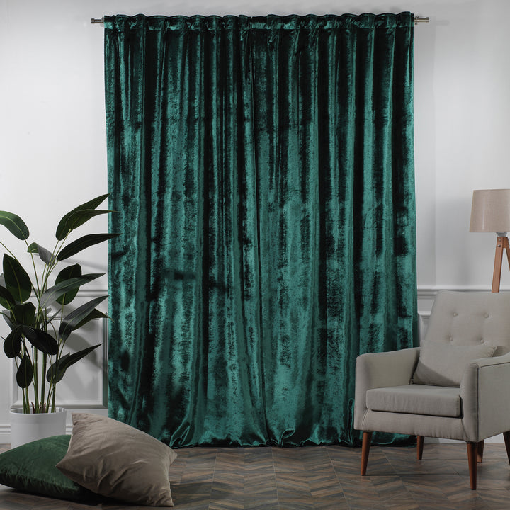 Adaptable‑header shiny velvet curtain suitable for various hanging styles with a smooth modern fall.