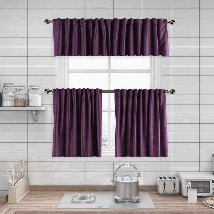 A made to measure kitchen valance in deep royal‑purple matte velvet, featuring a velvety surface and clean seams for a luxurious bold appearance