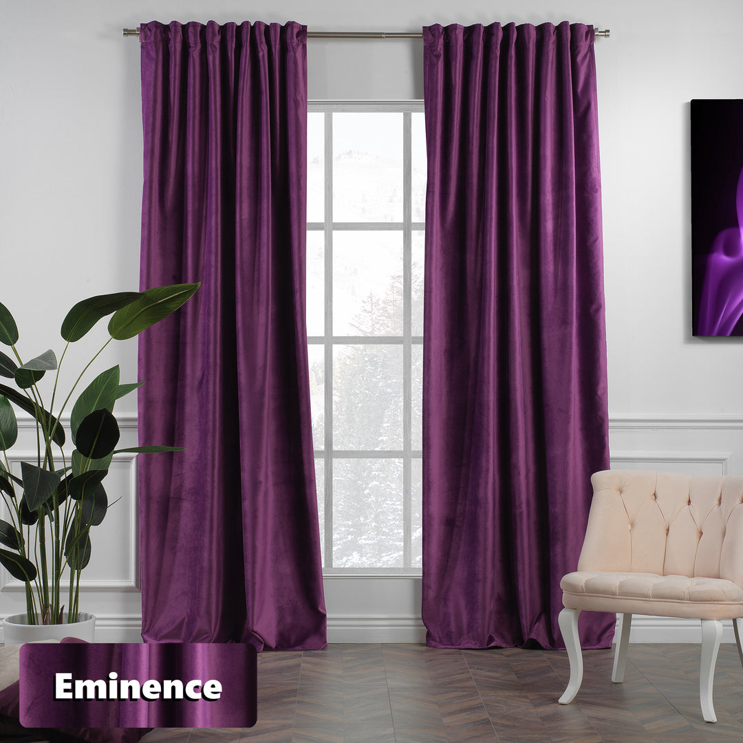 Made‑to‑measure matte velvet curtain in deep eminence purple with extra‑long extra‑wide drape and rich matte texture.