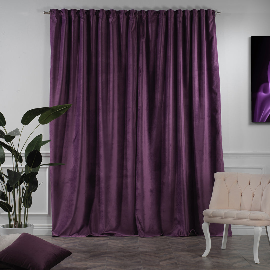 Royal‑purple velvet curtain panel tailored to size, offering full‑length fall and elegant plum depth.