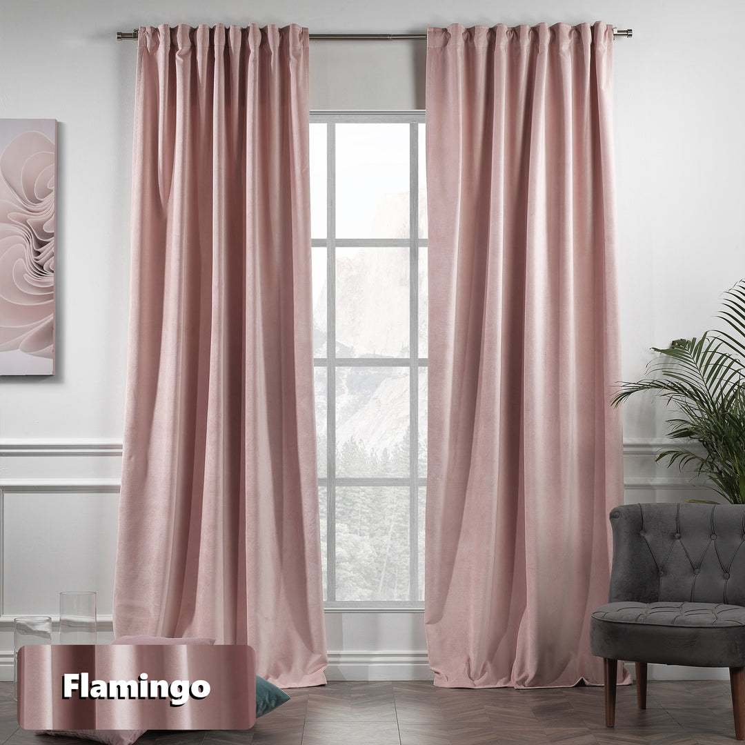 Eyelet header detail of Flamingo matte velvet curtain, clean ring finish, soft matte drape, made‑to‑measure style.