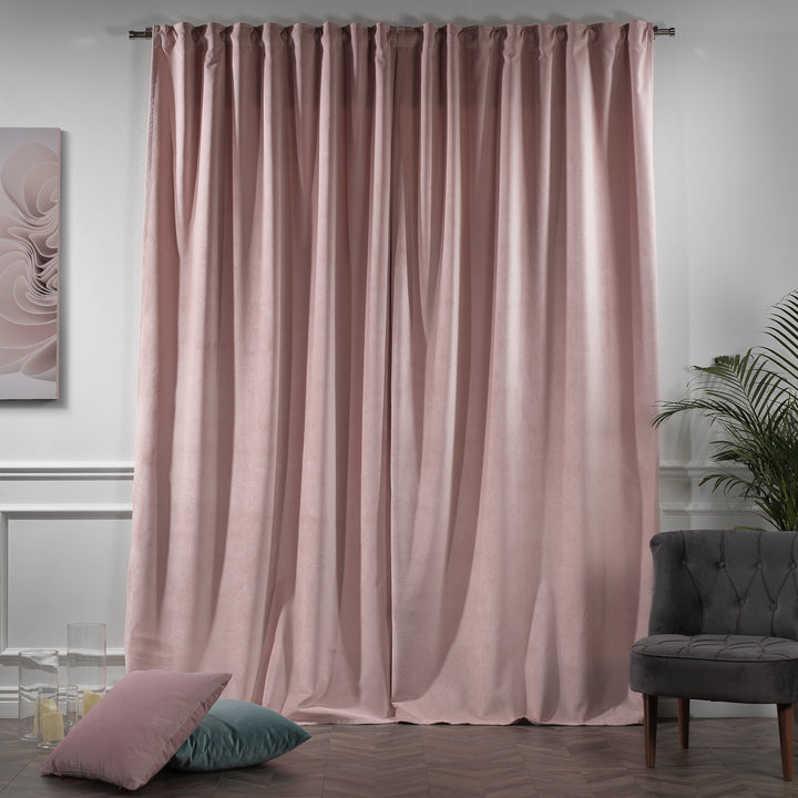 Extra‑long extra‑wide Flamingo matte velvet curtain hanging on window, smooth matte finish, luxury tailored look.