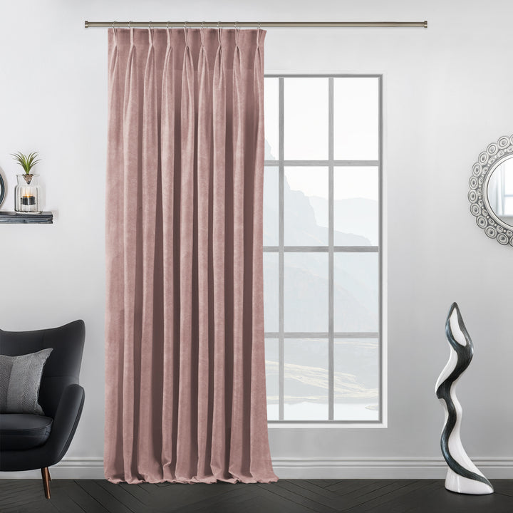 Flamingo matte velvet pinch pleat curtain, extra‑long drop and extra‑wide width, structured tailored pleats, luxury matte finish.