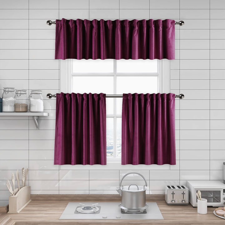 A made to measure kitchen valance in vibrant fuchsia matte velvet, shown with a smooth plush texture and neatly tailored edges for a striking premium look