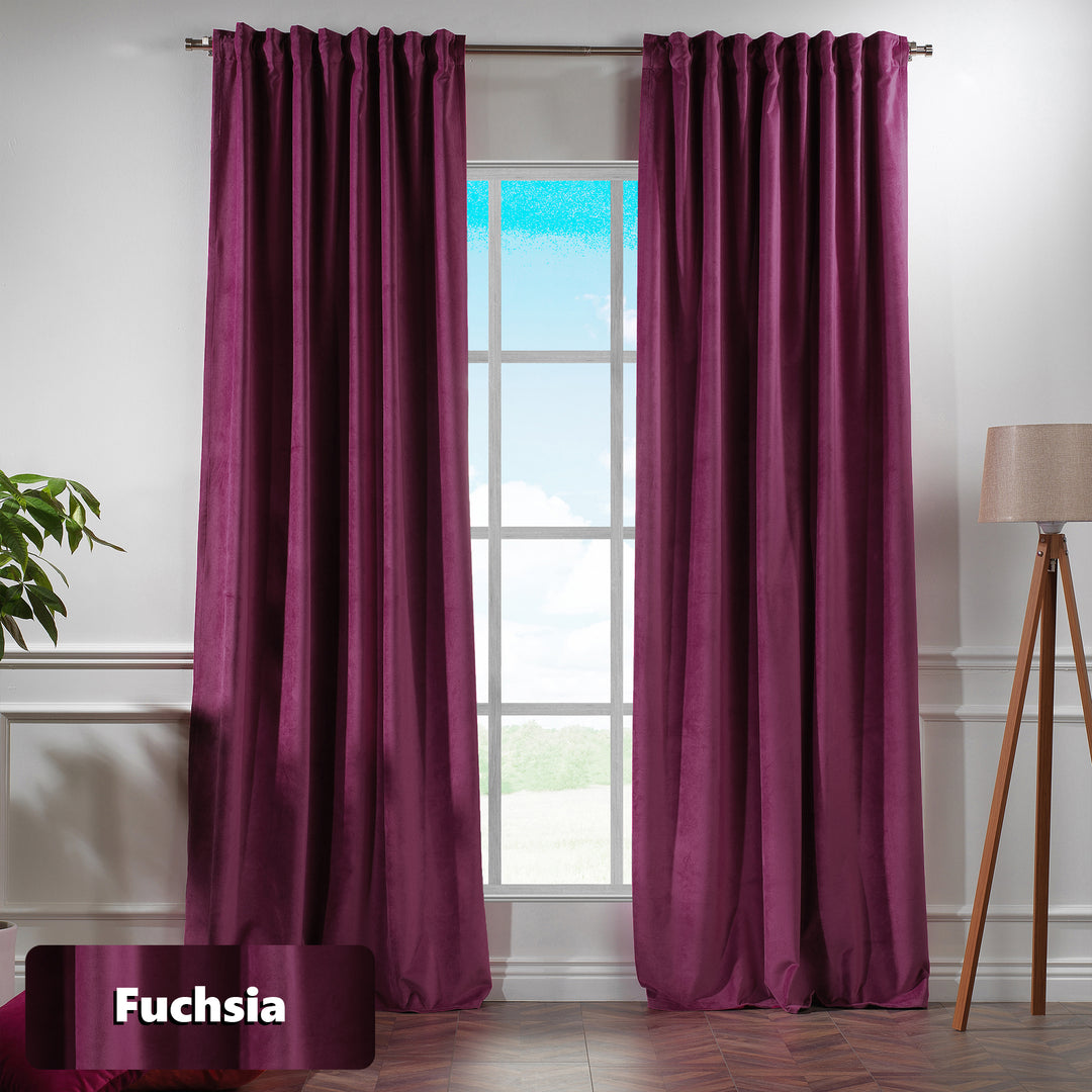 Made‑to‑measure matte velvet curtain in vibrant fuchsia with extra‑long extra‑wide drape and smooth modern finish.